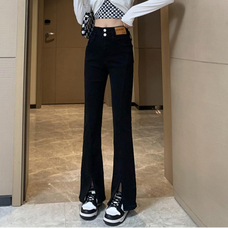 Black Slit Jeans for Women Autumn and Winter New American Small High Waist Tight Slimming Mopping Bootleg Pants Tide