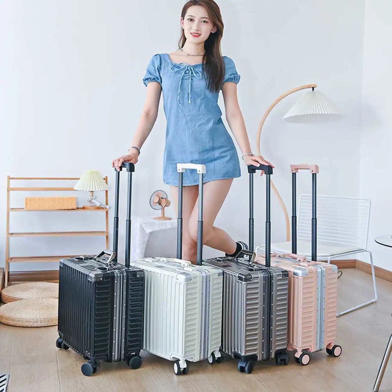 Luggage Aluminum Frame Women's Small Lightweight 18-Inch Boarding Password Suitcase Travel Trolley Leather Suitcase Universal Wheel