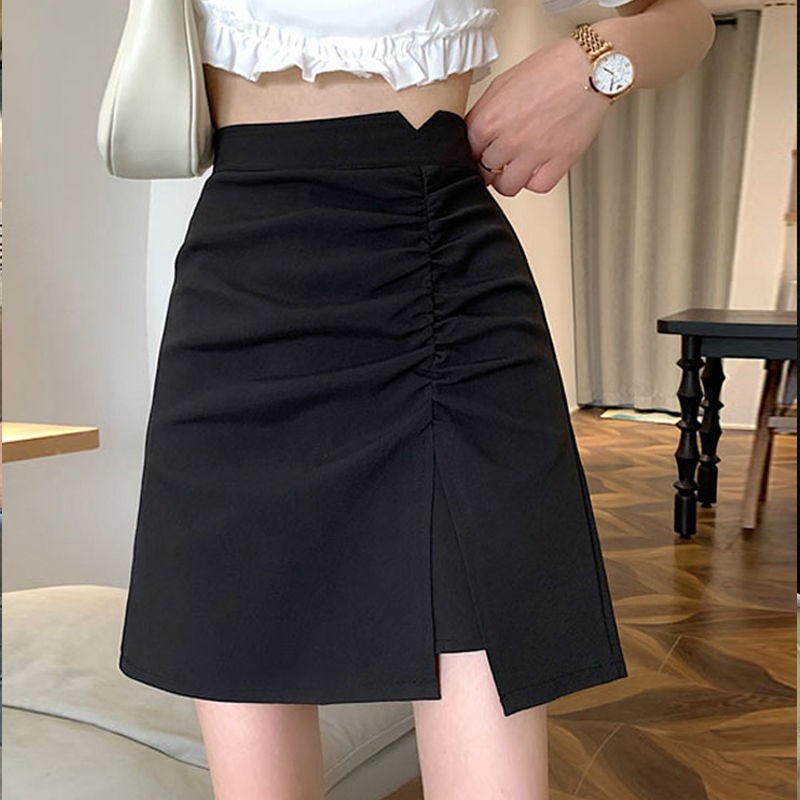黑色半身裙女春夏季2022新款高腰显瘦a字裙不规则小个子包臀裙子