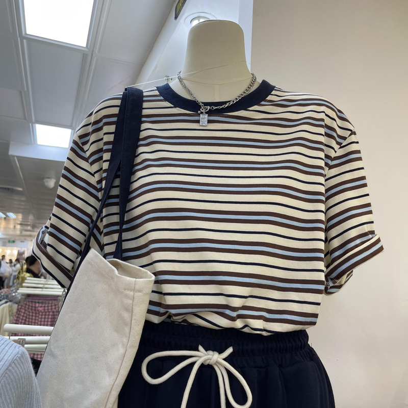 日系慵懒条纹撞色短袖t恤女夏季新款圆领宽松休闲正肩半袖上衣服