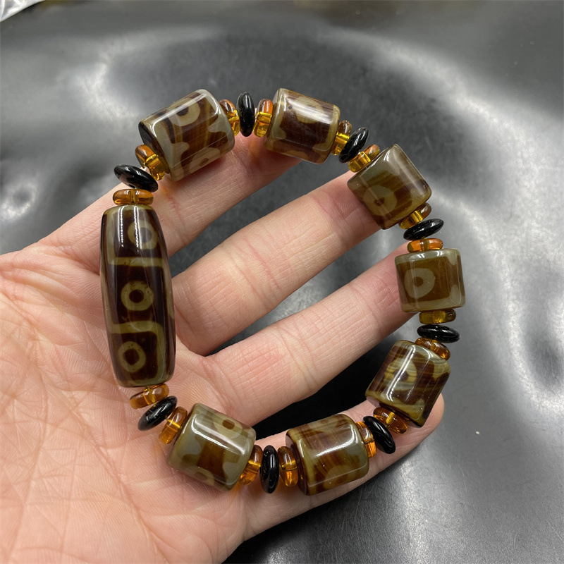 平价玉器 藏式复古九眼天珠玛瑙手链 渗透三眼老玛瑙筒珠手串