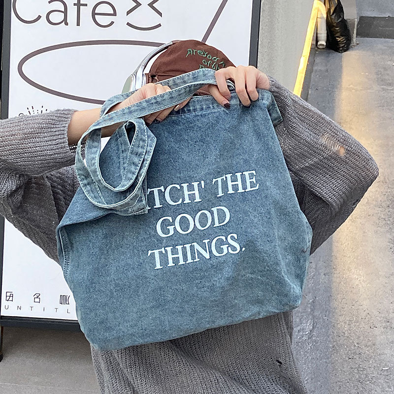 Japanese Style Simple Jean Bag Female Letter Printed Canvas Bag Student Daily Commuter Hand-Carrying Bag Large Capacity Shoulder Bag