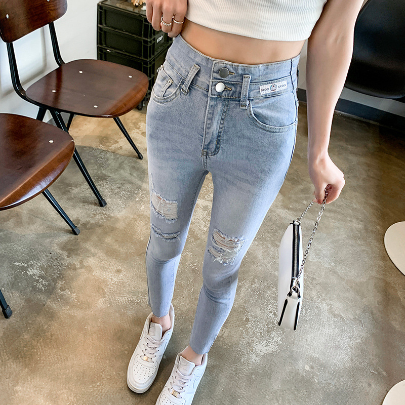 浅色紧身牛仔裤女九分夏季薄款2024年春新款高腰小个子破洞小脚裤