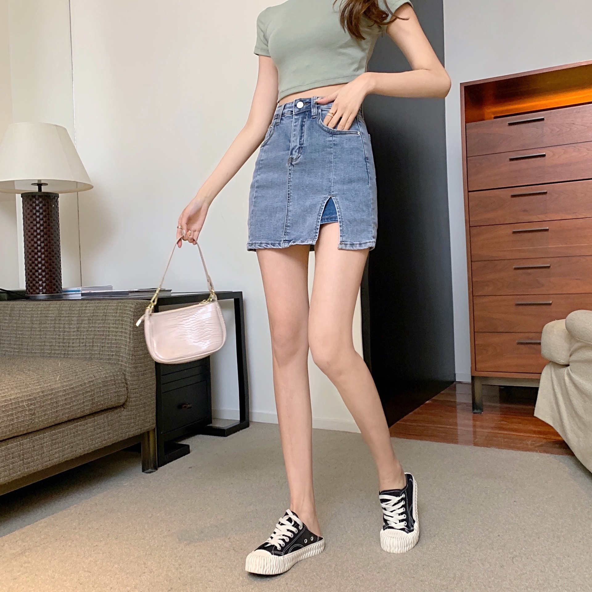 包臀开叉牛仔半身裙女春夏款复古高腰弹力防走光半身短裙女潮