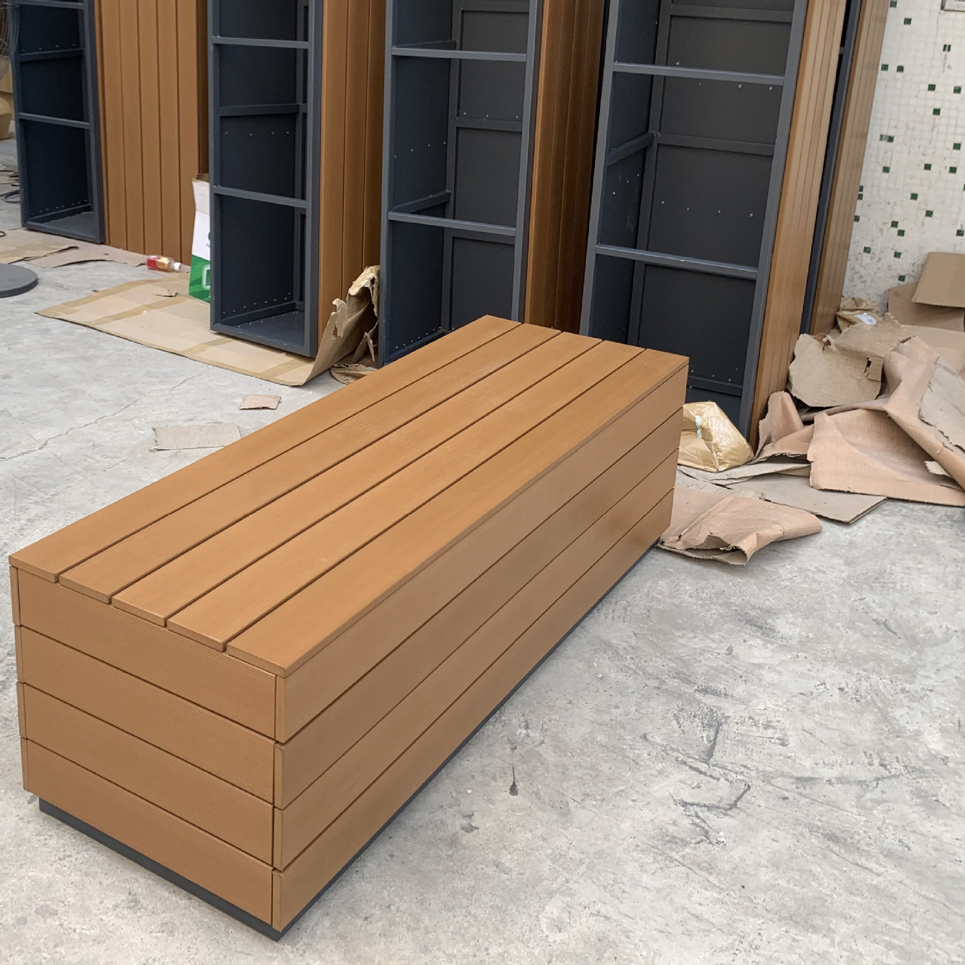 不锈钢塑木坐凳花箱组合定制厂家 长方形ps塑木不锈钢休闲椅定制