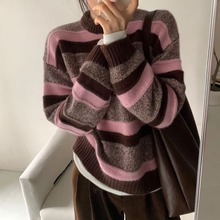 韩国版春装新款复古撞色条纹点纱羊毛针织衫宽松减龄浣熊绒毛衣