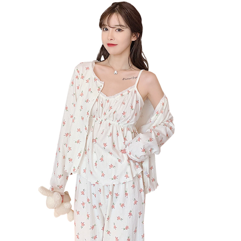 Spring, Summer and Autumn Cotton Pajamas Women's New Long-Sleeved Trousers Sexy Floral Home Wear Loose Three-Piece Suit Can Be Worn outside