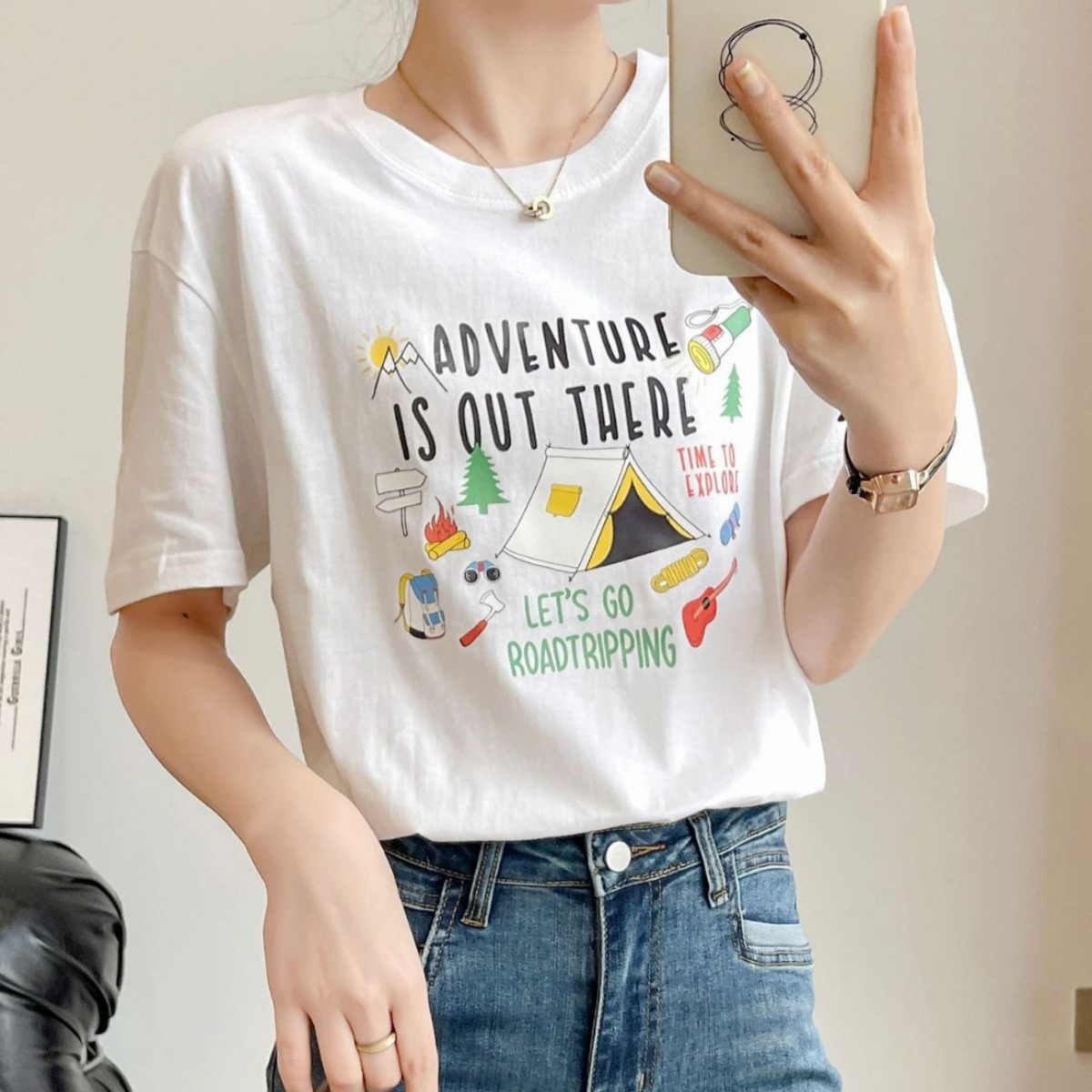 Fashion Brand Cotton Short-Sleeved T-shirt Women's Summer round Neck Half-Sleeved Loose White Shirt Foreign Trade Women's Clothing Printed T-shirt Clothes Women Clothes