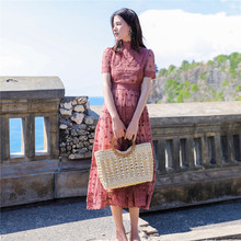 泰国沙滩裙海边度假红色蕾丝网纱两件套很仙的连衣裙子夏XW213