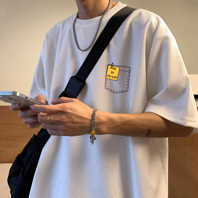华夫格短袖t恤男ins港风夏季五分袖上衣服男宽松原宿bf学生半袖潮