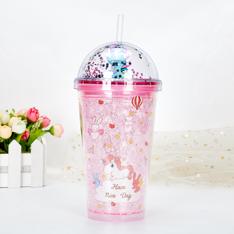 Cup with Straw Double-Layer Cartoon Microview Tumbler Internet Celebrity Unicorn Plastic Cup Gift Wholesale