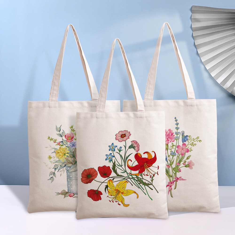 New Creative Flower Handbag Printed Canvas Bag Advertising Shopping Bag Color Printing Shoulder Bag Printable Logo