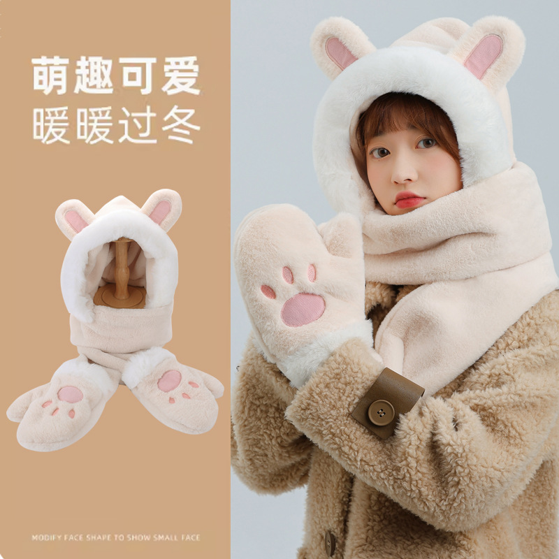 Korean Hat Women's Autumn and Winter Scarf Gloves Integrated Hooded Scarf Cute Wild Thickened Warm Plush Three-Piece Set