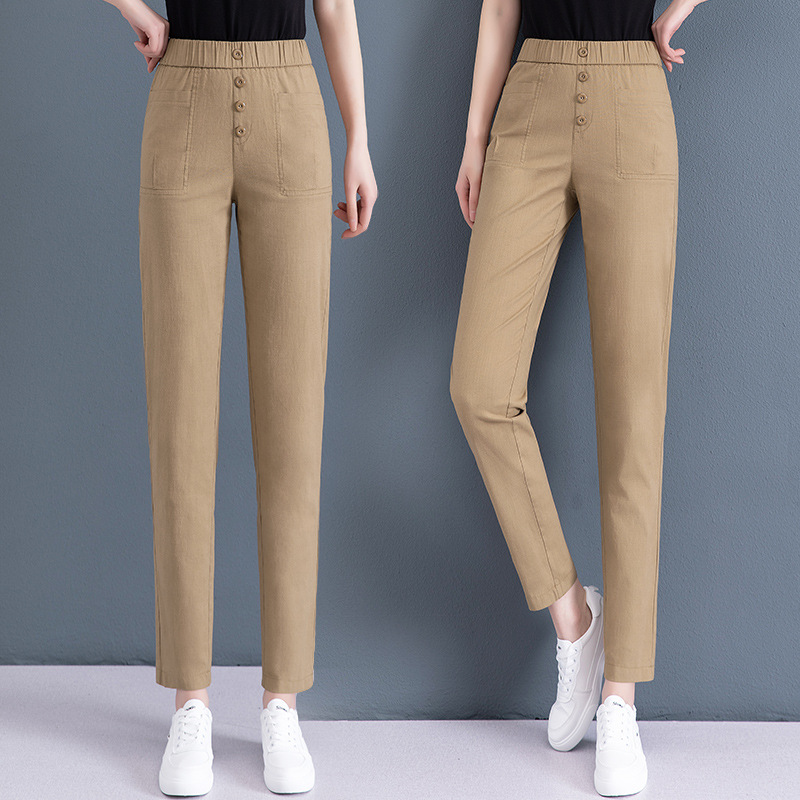 裤子女夏季2023年新款韩版棉麻绿色卡其色2021流行休闲裤女裤薄款