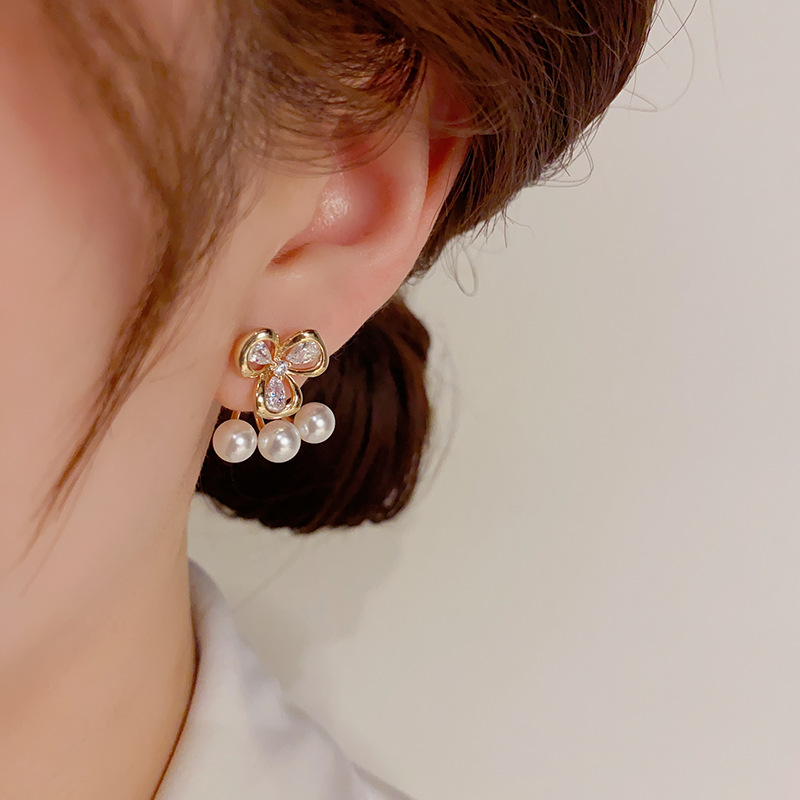 Japanese and Korean Exquisite Fashion Dual-Wear Zircon Flower Pearl Stud Earrings High Sense Personalized Wild Earrings