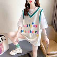 纯棉春夏季韩系甜美可爱设计感小众印花字母假两件套宽松T恤女装
