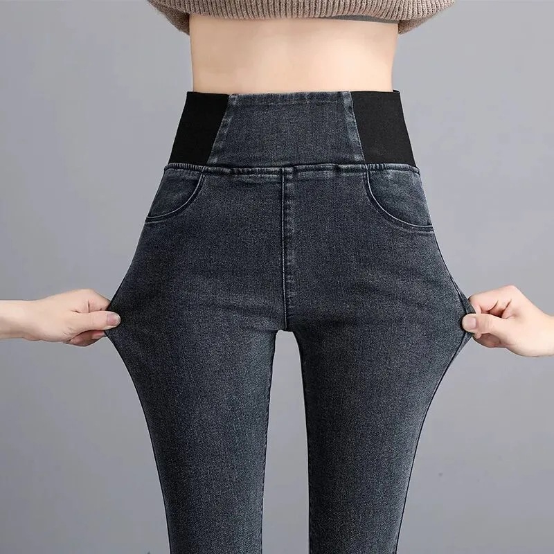 High Waist Jeans Women's Trousers 2023 Autumn and Winter New plus Size Plump Girls Slim Fit Elasticated Waist Skinny Pants Fleece-lined