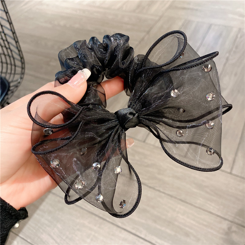 High-Grade Organza Bowknot Headband High Elastic Rubber Band Hair-Binding Tie Hair Rope Headdress Bun Rhinestone Hair Band