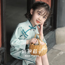 绿色女童旗袍裙秋冬新款洋气长袖中国风改良儿童小女孩连衣裙