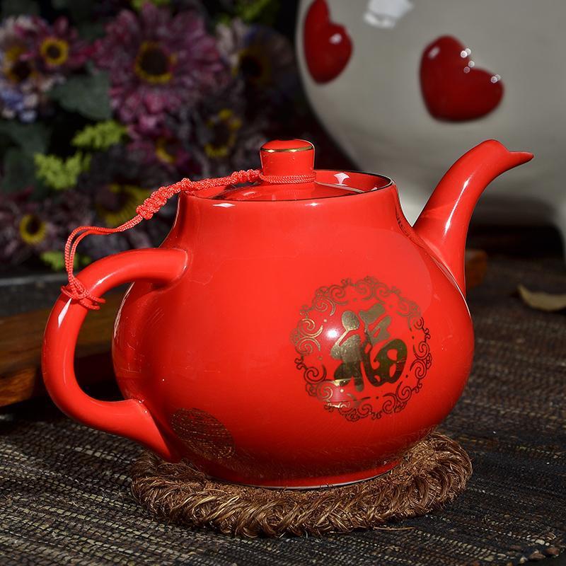 包邮德商红瓷双喜大茶壶中国红茶具套装结婚婚庆龙凤呈祥礼品茶具