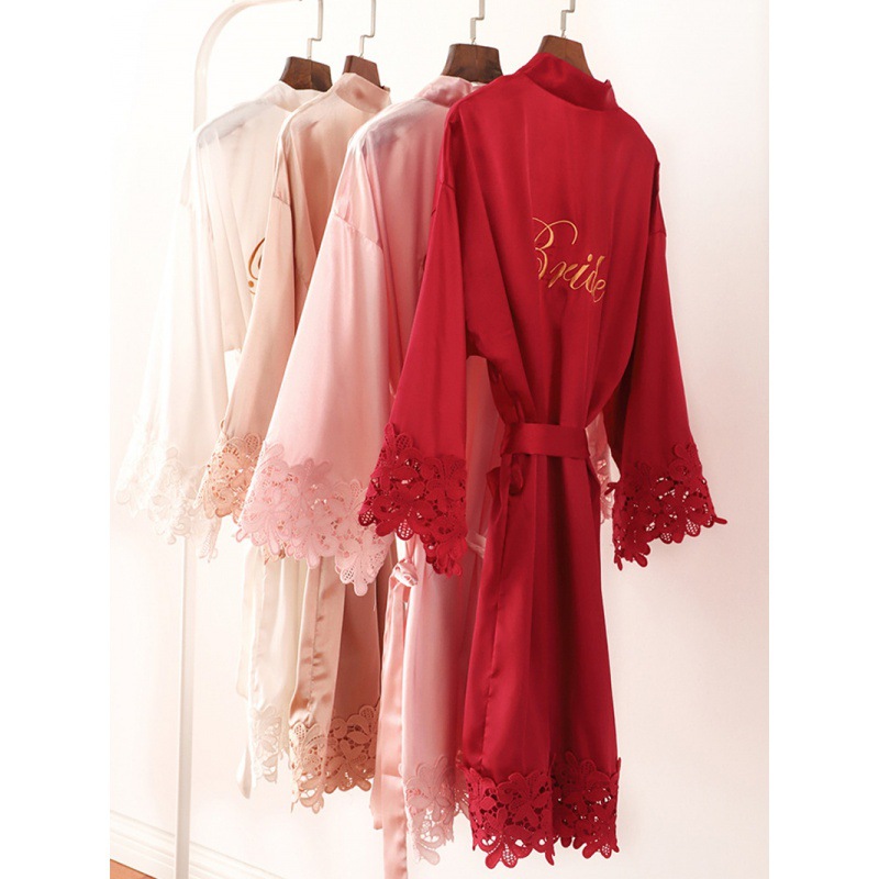 晨袍新娘伴娘结婚婚礼感红色婚袍浴袍蕾丝睡袍女秋冬睡衣
