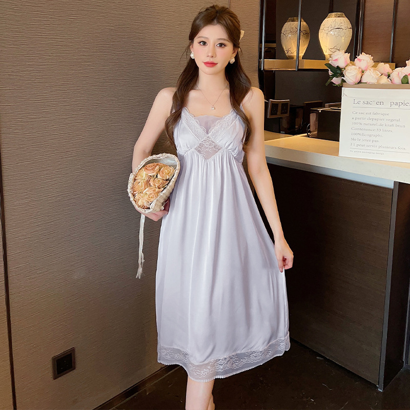 wens夏季新品优雅气质性感丝滑柔软特柔丝中长款睡裙睡衣女家居服