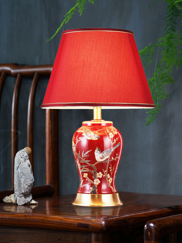 批发新中式红色台灯卧室床头灯古典全铜陶瓷结婚喜庆客厅展厅遥控