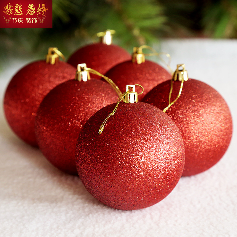 圣诞装饰品 红色粘粉球 塑料球电镀球撒粉工艺圣诞树挂件6个装