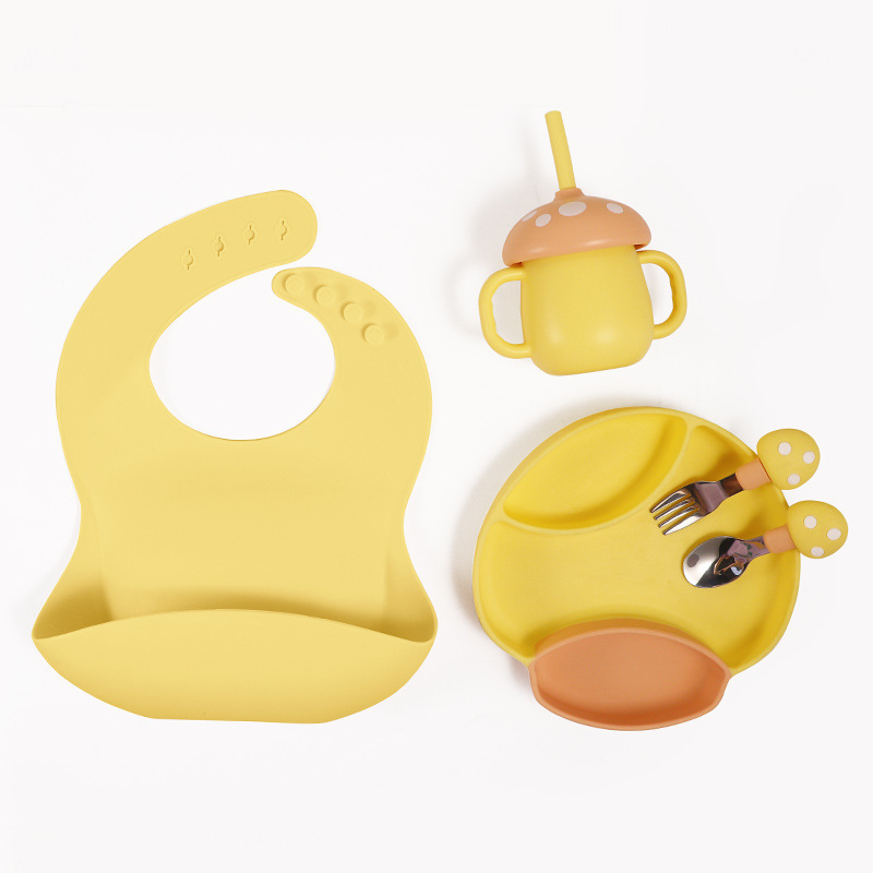 Two-Color Mushroom Silicone Plate Baby‘s Service Plate Spork Sets Suction Cup Food Supplement Children Spoon Tableware