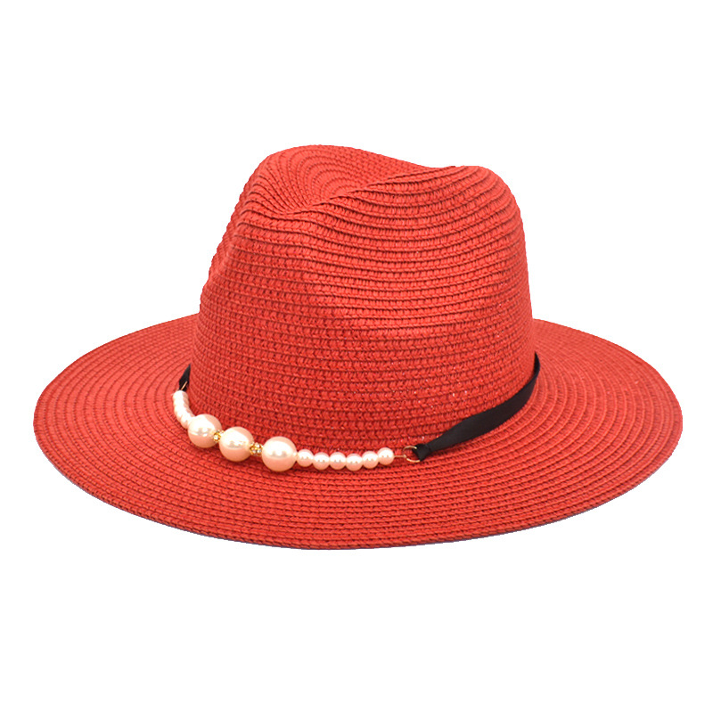 European and American Spring and Summer Sun Protection Pearl Accessories Sun Hat Black Flat Brim Retro New Jazz Top Hat Men's and Women's Straw Hat