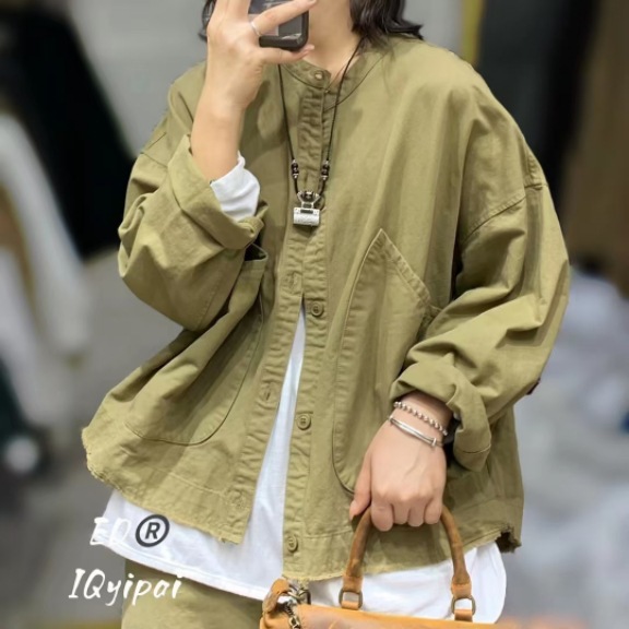 ed3627韩国洗水棉大口袋外套2023新款韩版休闲宽松圆领开衫上衣女