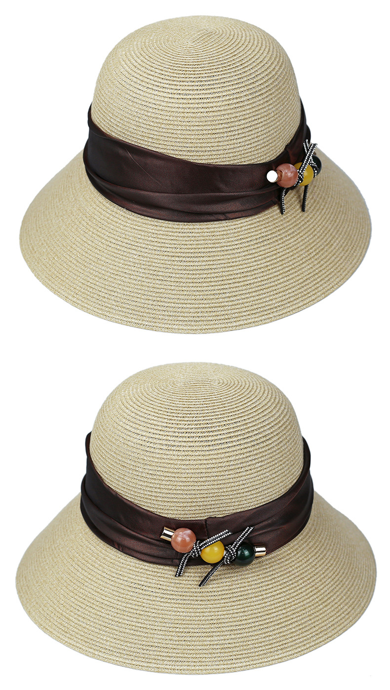 升级材质草编渔夫帽女夏季新款时尚优雅女士沙滩彩珠贴布腰鼓帽子