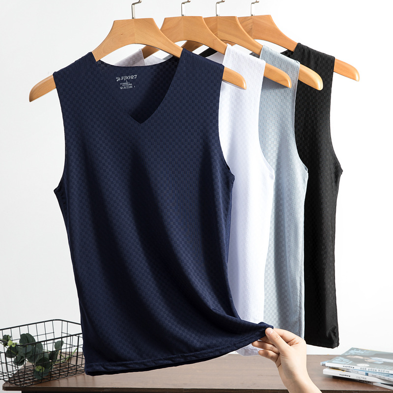 New Ice Silk Quick-Drying Vest Men's Summer Wear Seamless Thin Slim Mesh Sports Wide Shoulder Sleeveless T-shirt Fashion