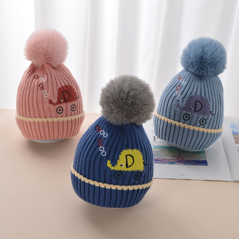 Children Bay Hat Winter Baby Elephant Woolen Cap Big Fur Ball Knitted Hat High Elasticity Small and Medium Bay Hat Cotton Lining