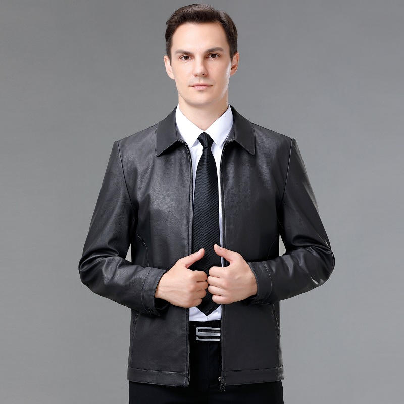 Autumn and Winter High-End Haining Sheep Leather Men's Middle-Aged Business Leisure Men's Leather Jacket Velvet Stand Collar Men's Coat