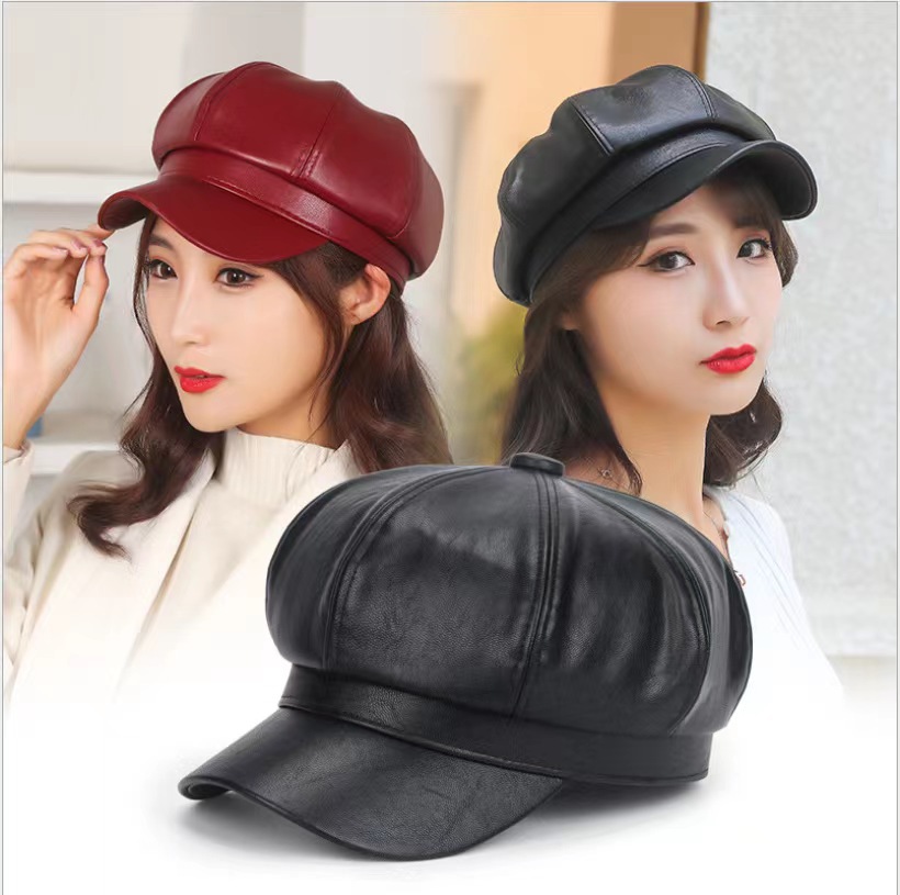 Autumn Winter Retro Beret Women's Pu Leather Pure Color All-Matching Painter Hat Spring Korean Style High-Profile Figure Octagonal Cap