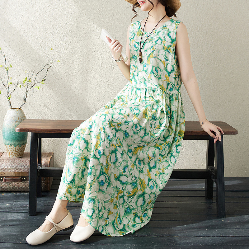 2024实拍新款波西米亚长裙夏季新款跨境高级感无袖圆领印花连衣裙