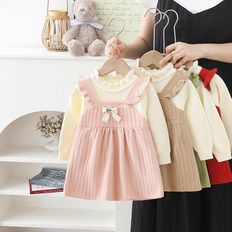 女童毛衣裙2024秋冬新款宝宝假两件针织连衣裙儿童毛衣裙可爱裙衫