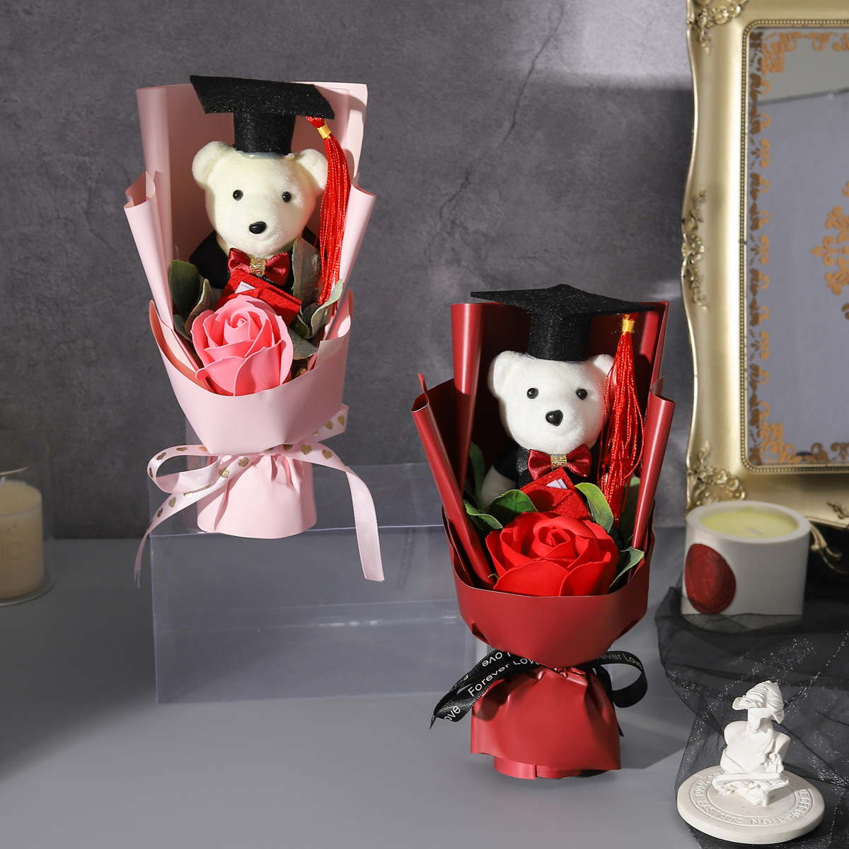 毕业季花束礼盒装跨境新款仿真香皂花创意礼品博士熊玫瑰花束批发