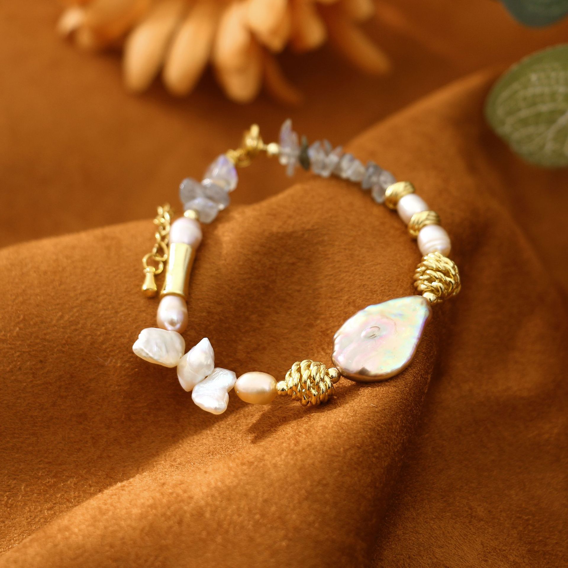 Moonstone Baroque Freshwater Pearl All-Match Bracelet Niche Design Light Luxury Bracelet Girlfriends Student Jewelry
