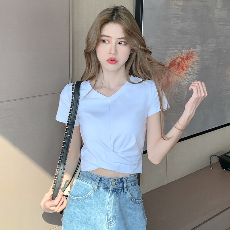 棉白色短款上衣女短袖v领小个子修身半袖紧身露脐高腰设计感t恤夏