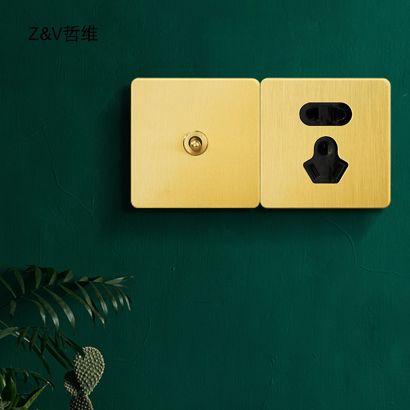 美式轻奢简约风86黄铜拉丝复古金色金属拨杆开关插座面板创意个性