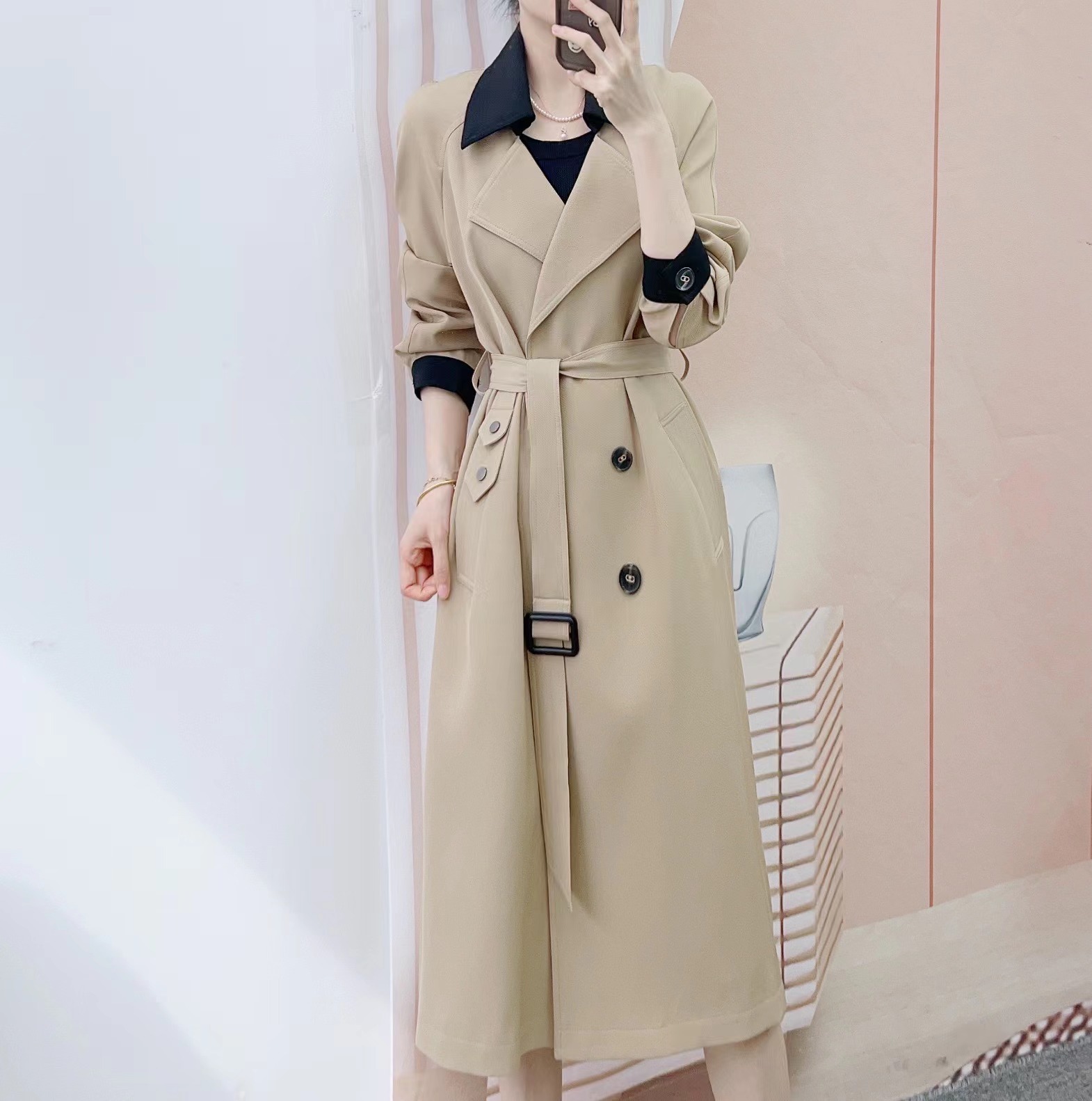 2024年春秋品牌专柜新品汉派时尚气质通勤翻领简约中长款风衣007