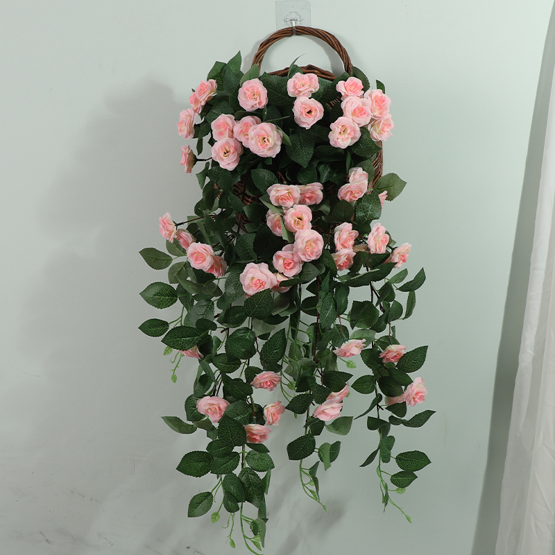 Artificial Rose Wall Hanging Fake Flower Rattan Decoration Indoor Living Room Wall Hanging Plastic Vine Rose Wall-Mounted Basket