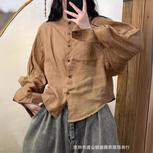 日韩外贸女装批发 2024夏季立领设计感苎麻上衣女黑色休闲衬衣