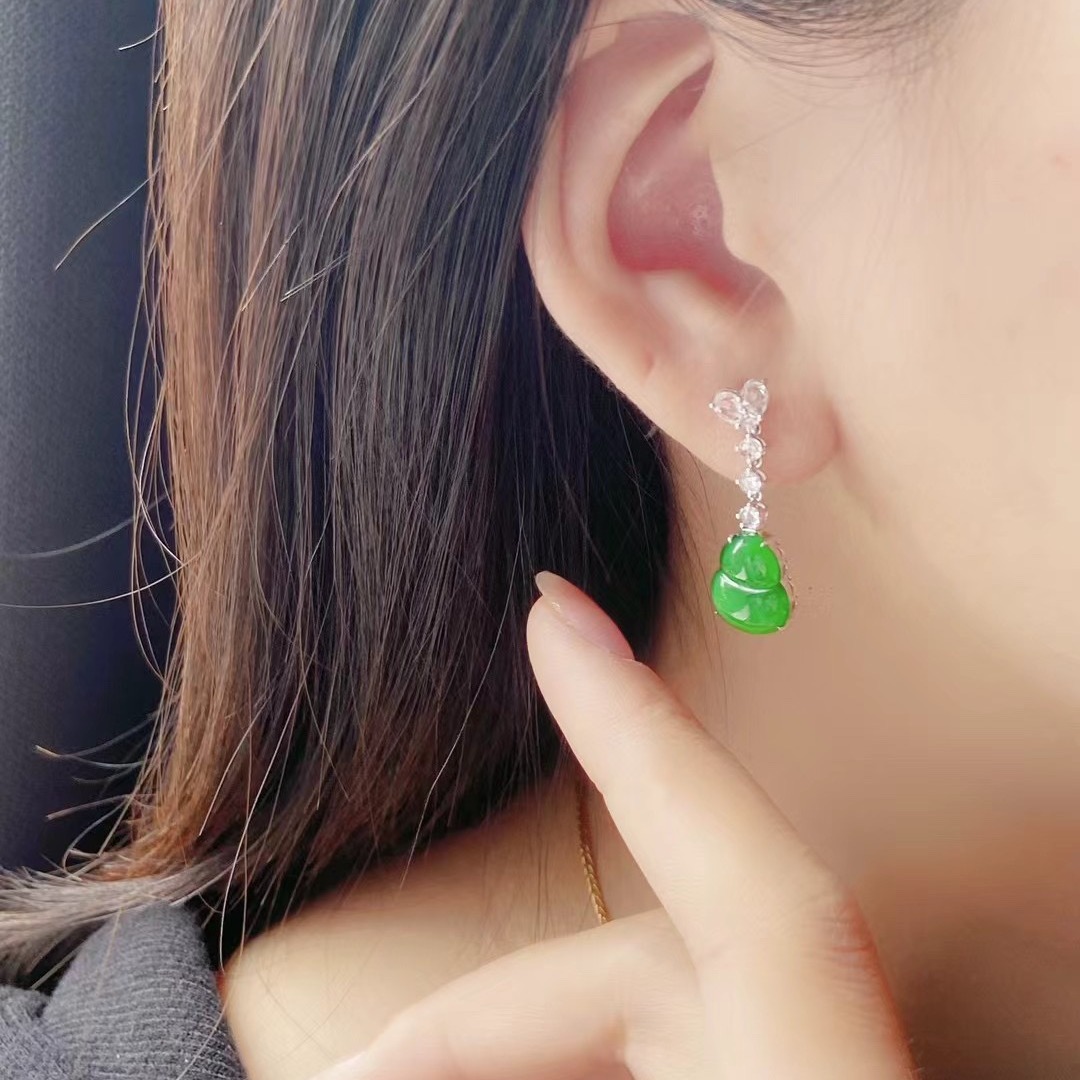 天然翡翠葫芦吊坠18k金镶嵌冰种满色阳绿葫芦玉耳坠耳环女葫芦a货