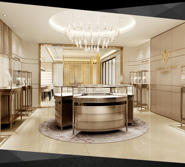 商场中庭珠宝展示柜台中纤板烤漆玻璃展示货柜银饰项链陈列柜摆放-阿