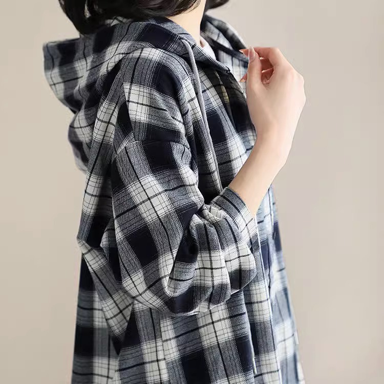 韩版文艺格子衬衫女宽松磨毛外贸上衣女装春秋季百搭连帽开衫外套