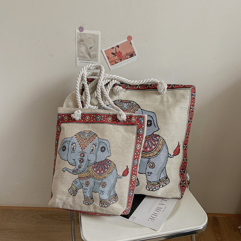 Medium Double-Sided Ethnic Style Embroidered Elephant Cloth Bag Tourist Attractions Shoulder Bag Street Fashion Linen Casual Bag