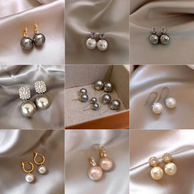 Light Luxury Zircon Heather Gray Pearl Earrings 2023 New Popular Autumn and Winter Graceful Earrings Female Niche High Sense Ear Clip